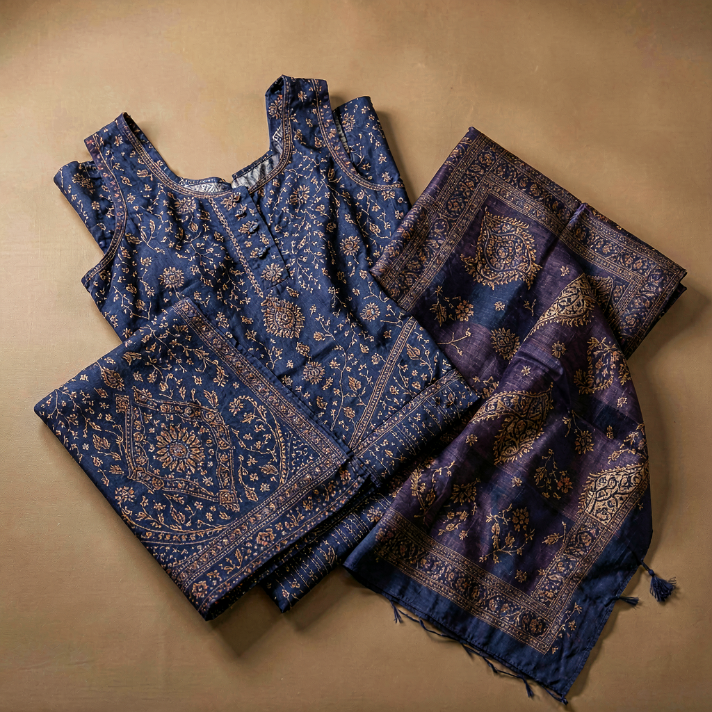Bagru Print Dress Material - Indigo Dabu