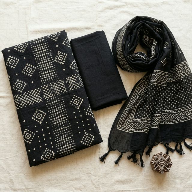 Cotton Dress Material — Block Print Black