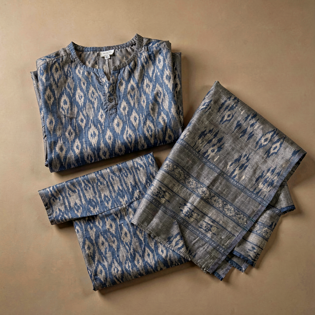 Ikat Dress Material - Blue Grey