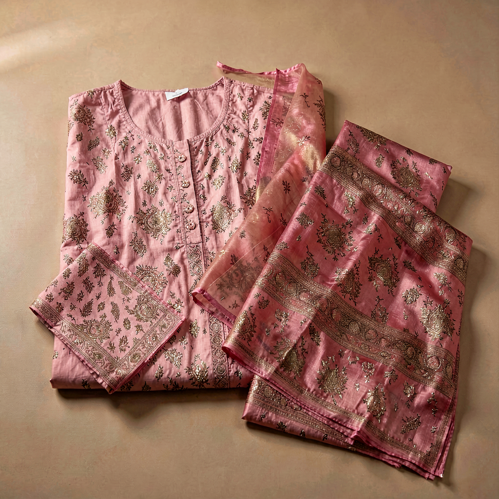 Jaipuri Buta Dress Material - Pink