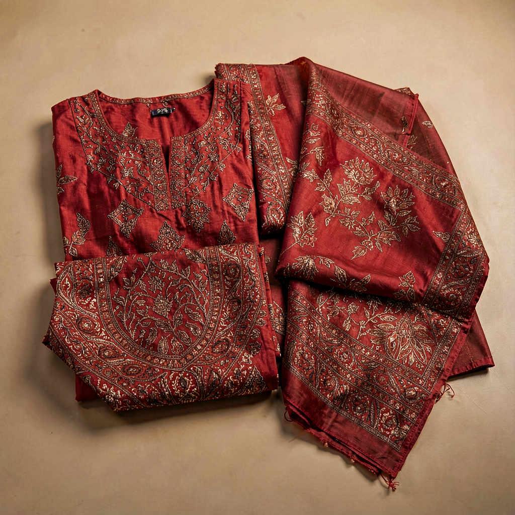 Kalamkari Dress Material - Earth Red