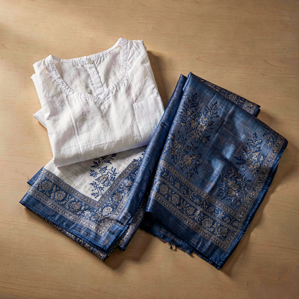 Kota Cotton Dress Material - White & Blue