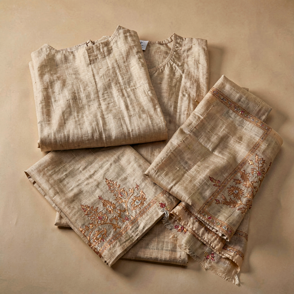 Linen Blend Dress Material - Natural Beige