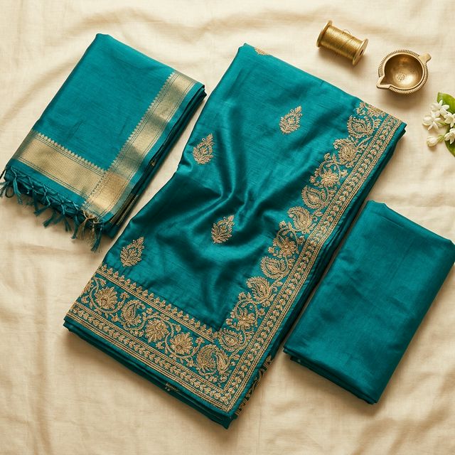 Silk-Cotton Dress Material — Embroidered Teal