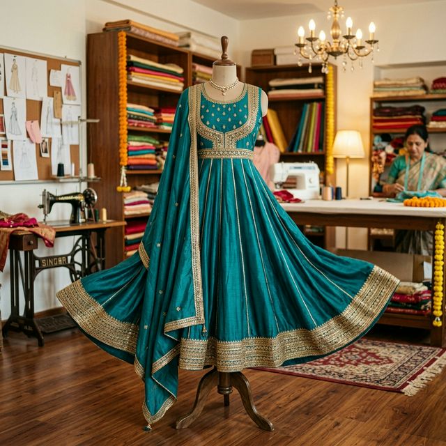 Silk-Cotton Dress Material — Embroidered Teal thumbnail 3