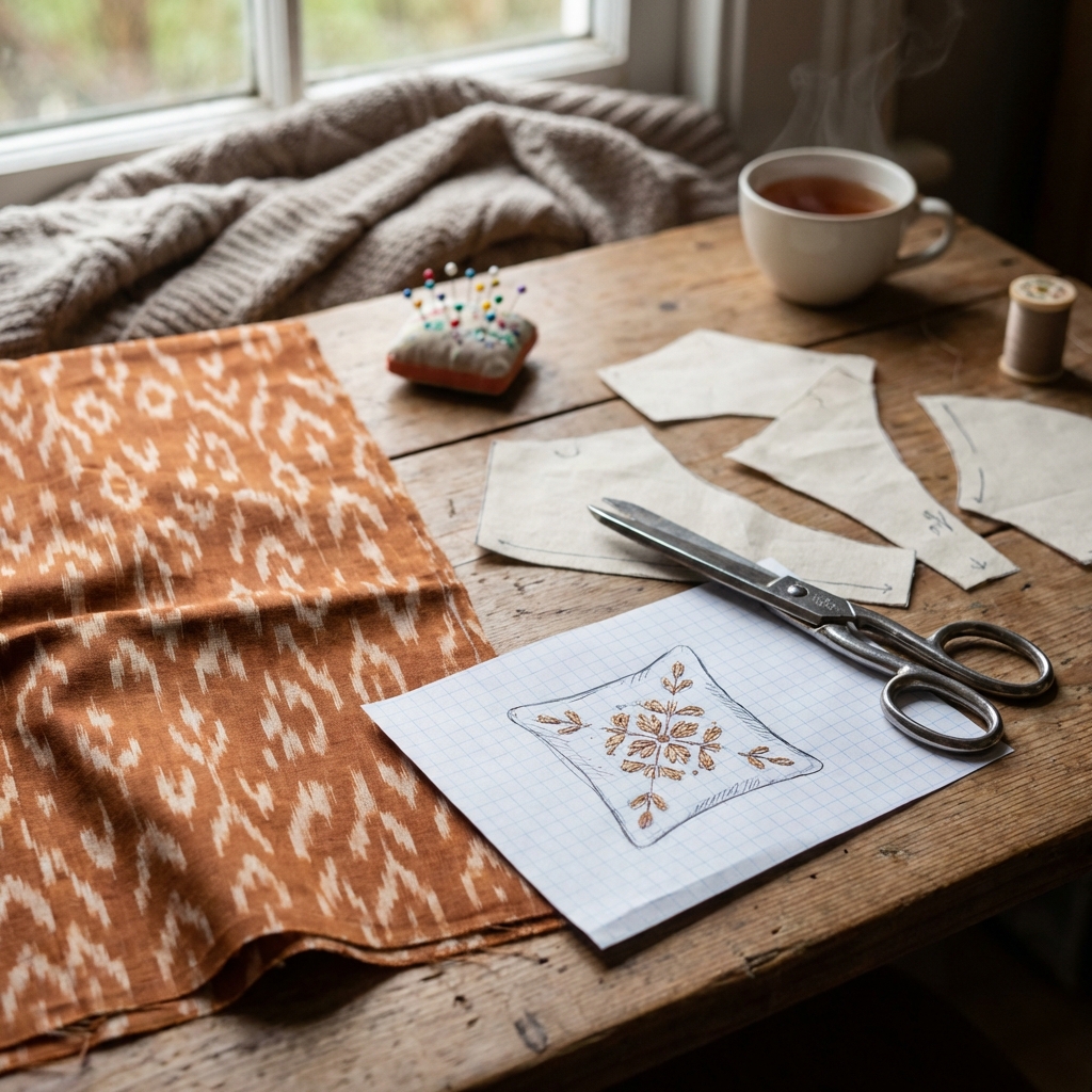 Ikat Cotton Fabric — Orange & Brown thumbnail 3