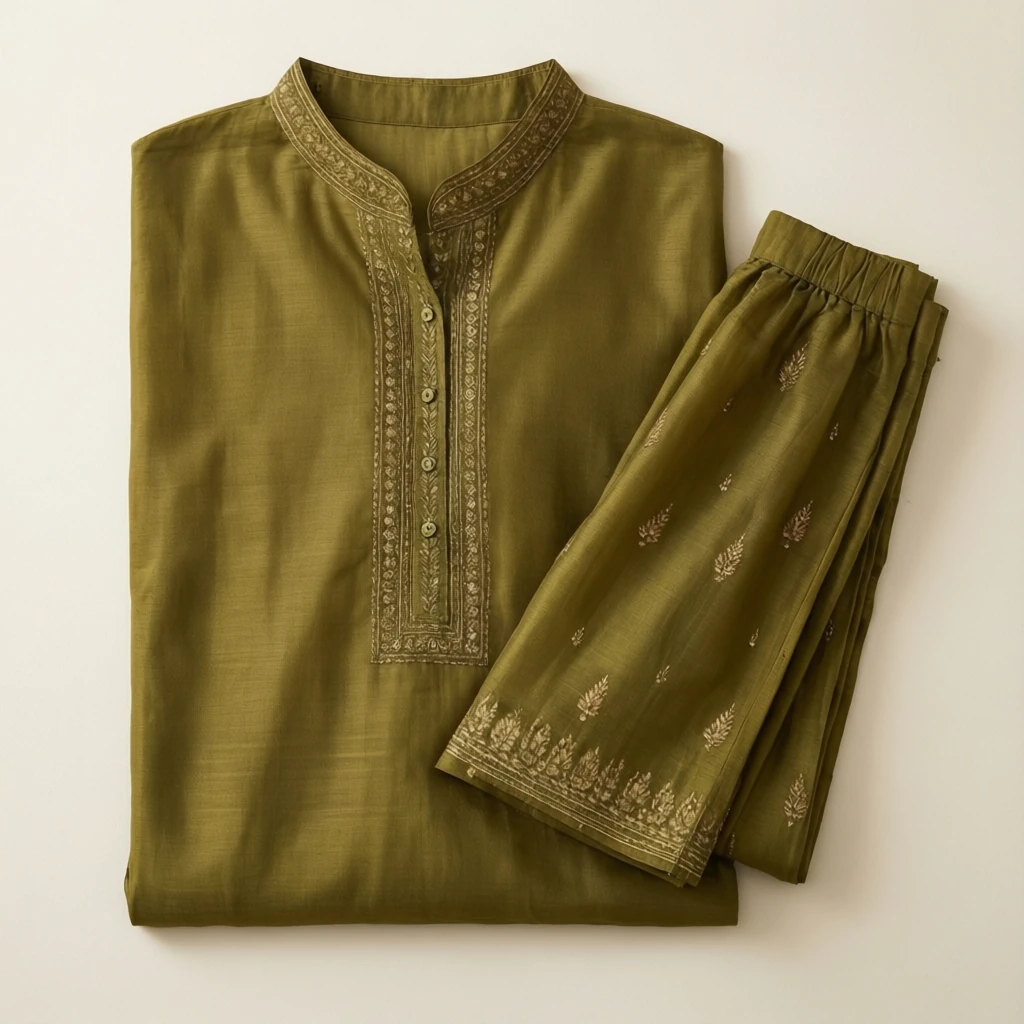 Viscose Straight Kurta Set Olive