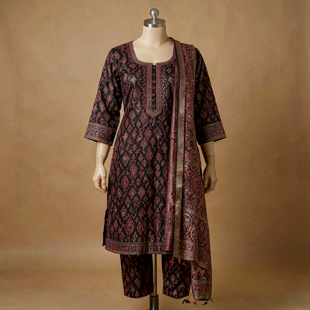 Ajrakh Print Kurta Set - Black & Maroon