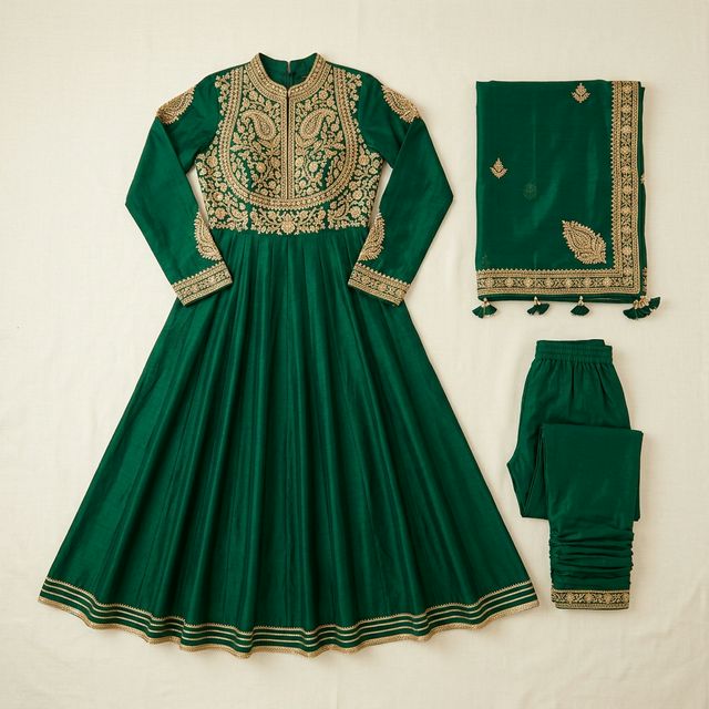 Anarkali Kurta Set — Emerald Green