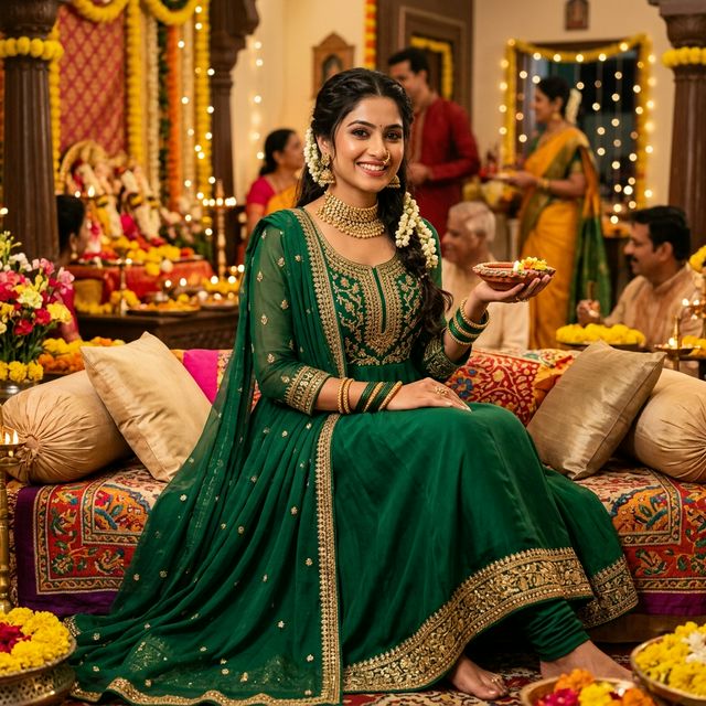 Anarkali Kurta Set — Emerald Green thumbnail 3