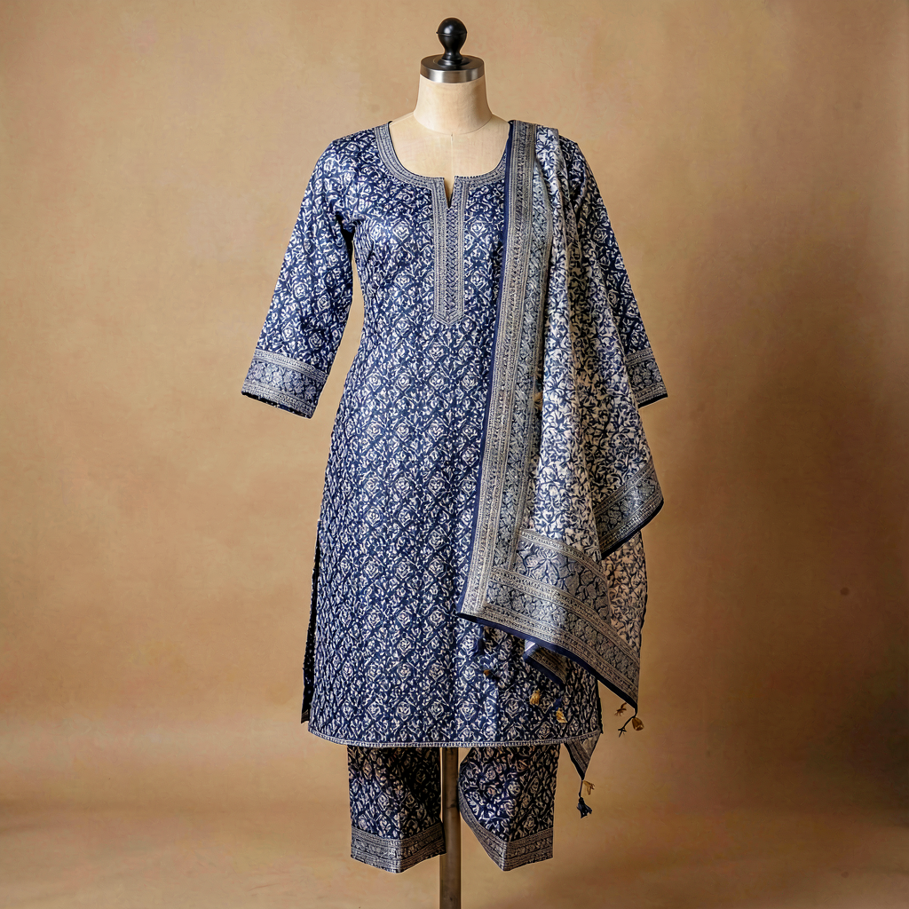 Block Print Cotton Kurta Set - Indigo