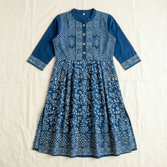 A-Line Block Print Kurta — Indigo