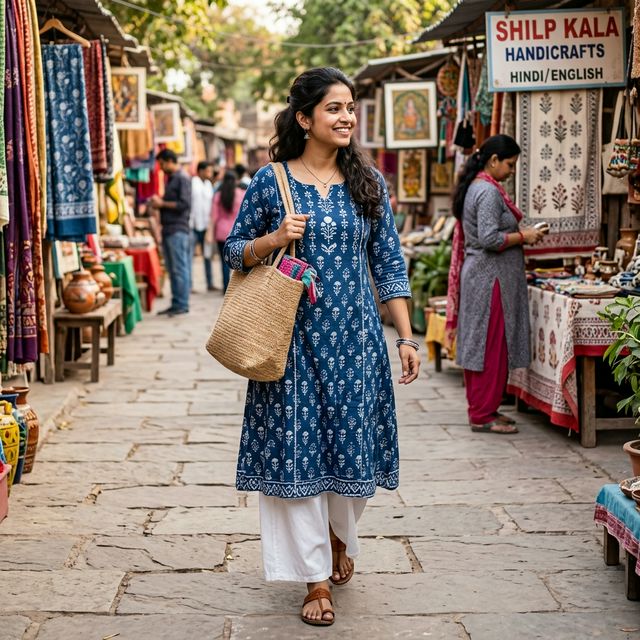 A-Line Block Print Kurta — Indigo thumbnail 3