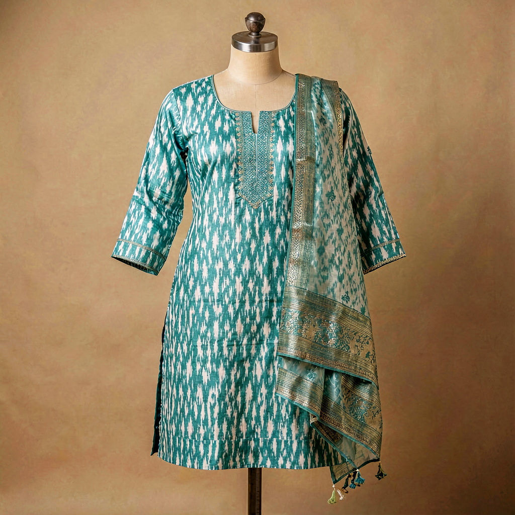 Ikat Cotton Kurta Set - Teal