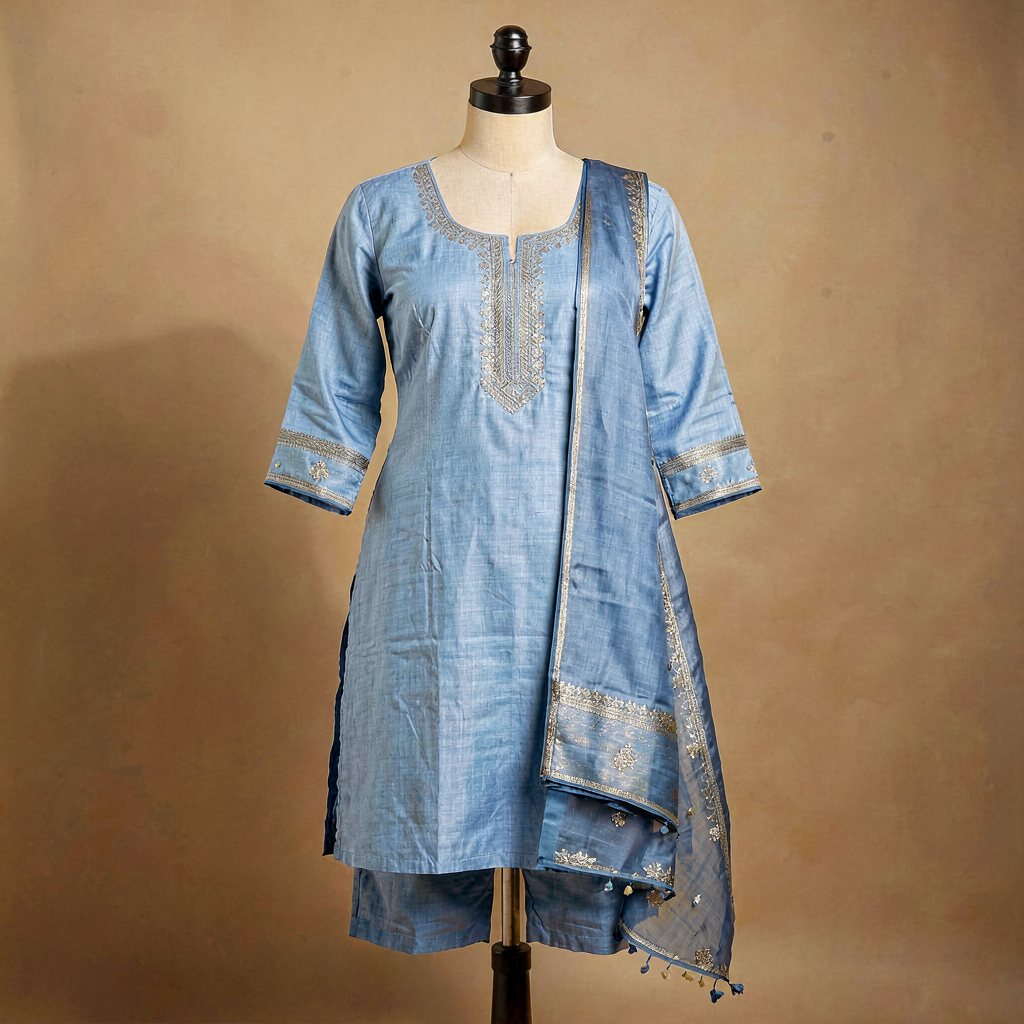 Kota Doria Dupatta Kurta Set - Sky Blue