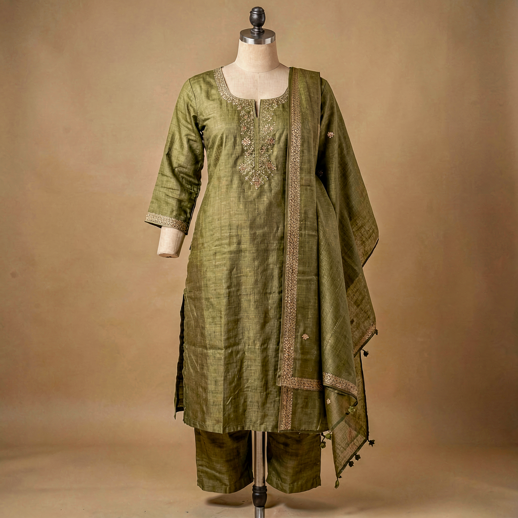 Linen Straight Kurta Set - Olive