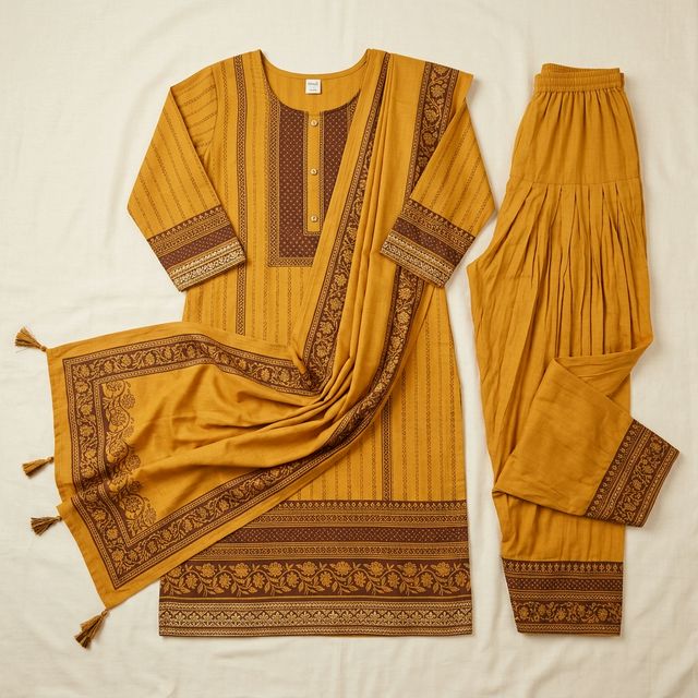 Printed Patiala Suit — Mustard & Brown