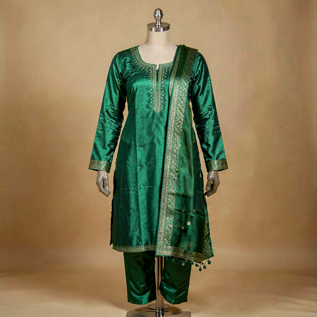 Festive Silk Blend Kurta Set - Emerald