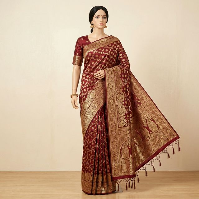 Art Silk Saree — Maroon with Zari Work