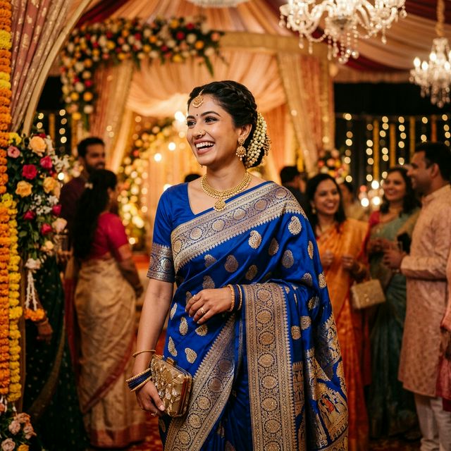 Baluchari-Style Silk Saree — Royal Blue thumbnail 3