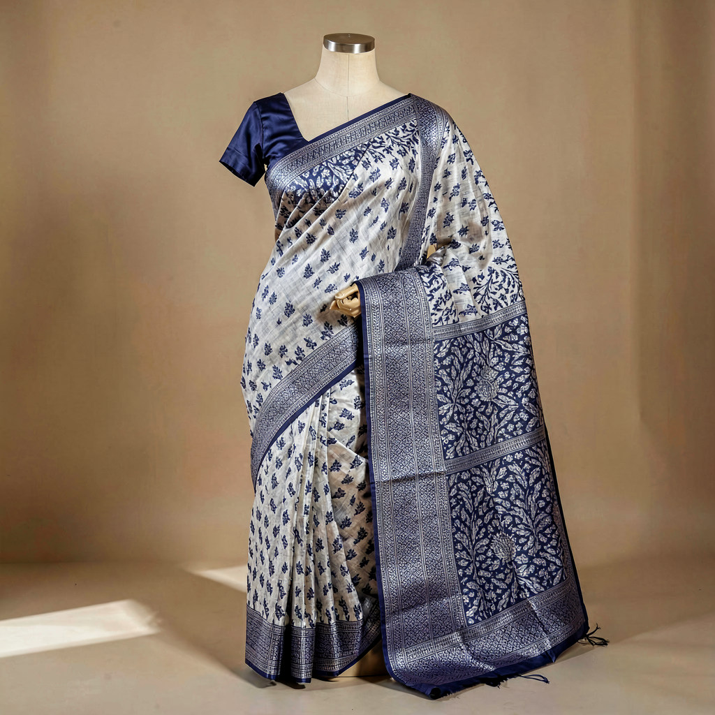 Hand Block Print Saree - Indigo Floral