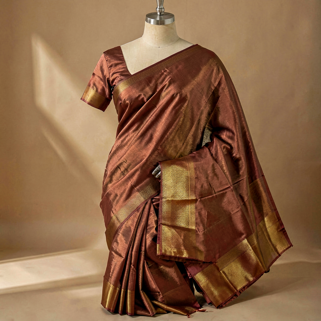 Cotton Silk Saree - Wine & Copper
