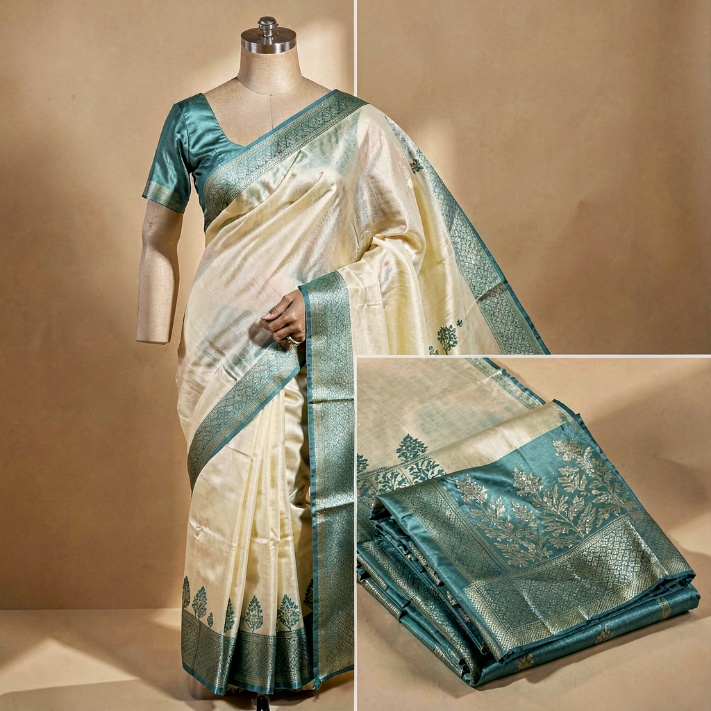 Dhakai Jamdani Cotton Saree - Ivory & Teal