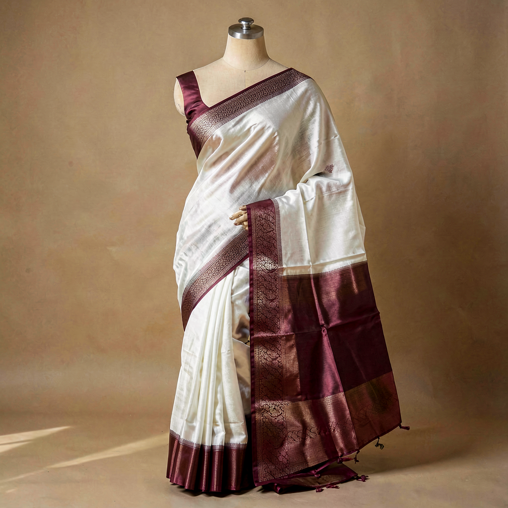 Garad Silk Saree - White & Maroon