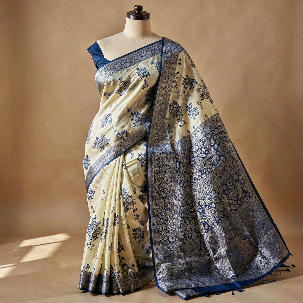 Kantha Stitch Saree - Cream & Indigo