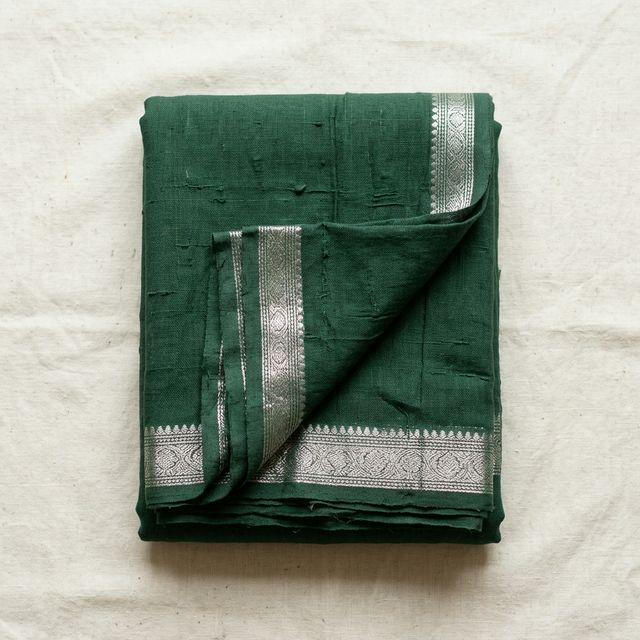 Khadi Cotton Saree — Forest Green