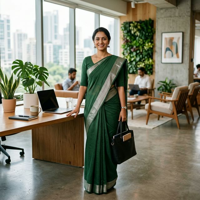 Khadi Cotton Saree — Forest Green thumbnail 3