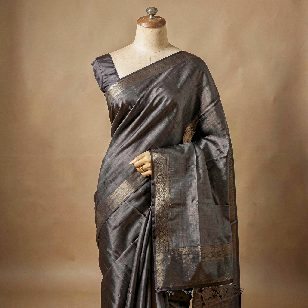Matka Silk Saree - Charcoal Grey