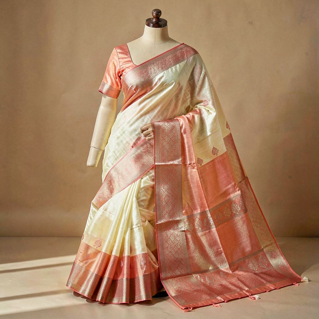 Shantipuri Cotton Saree - Coral Border