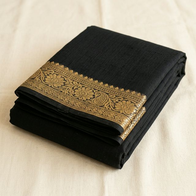 Tant Cotton Saree — Black with Gold Border