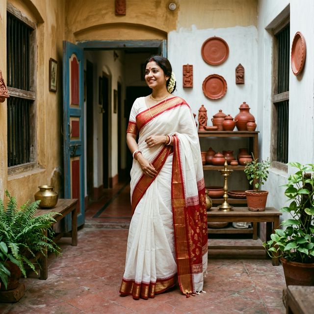 Bengal Tant Saree — White & Red Border thumbnail 3