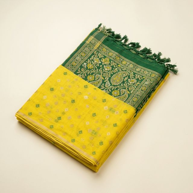 Tant Saree — Lemon Yellow with Green Pallu
