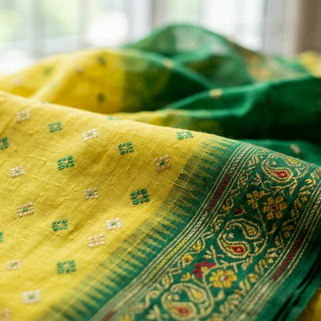 Tant Saree — Lemon Yellow with Green Pallu thumbnail 2