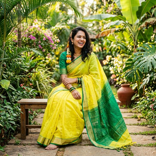Tant Saree — Lemon Yellow with Green Pallu thumbnail 3