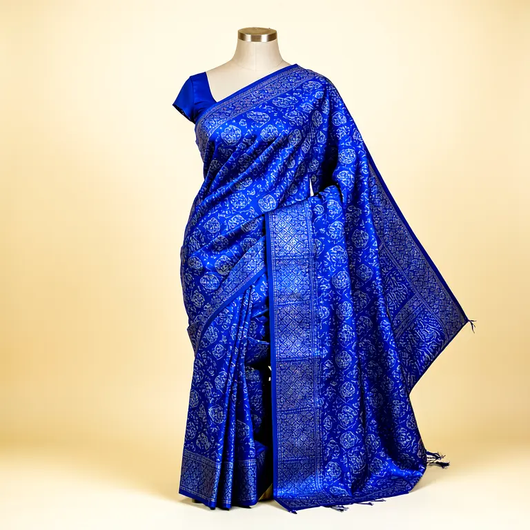 Printed Silk Blend Saree Blue