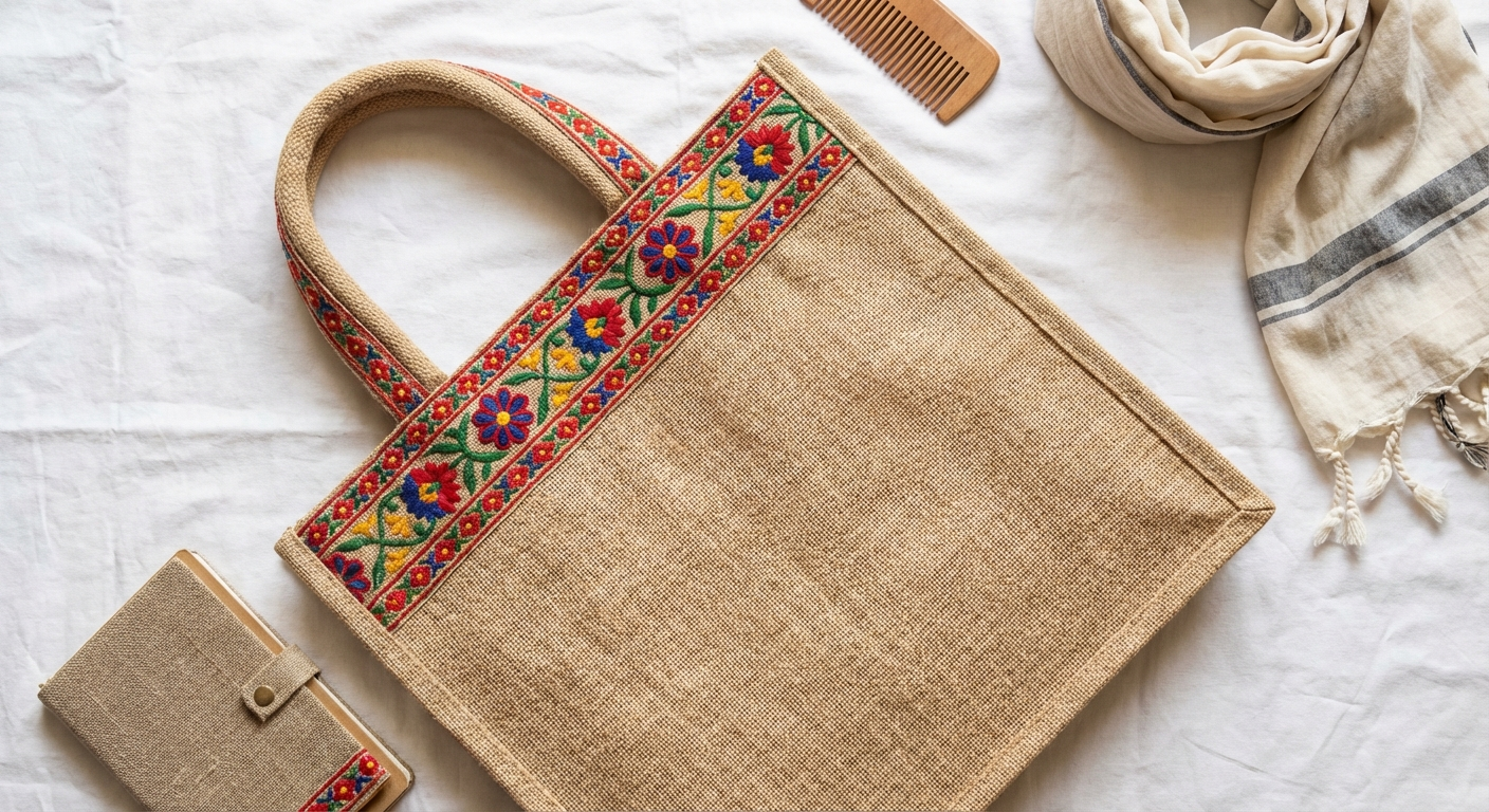 Jute Tote Bag — Natural Embroidered