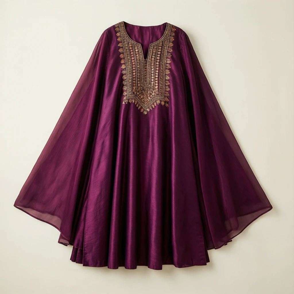 Silk Blend Cape Kurta Plum