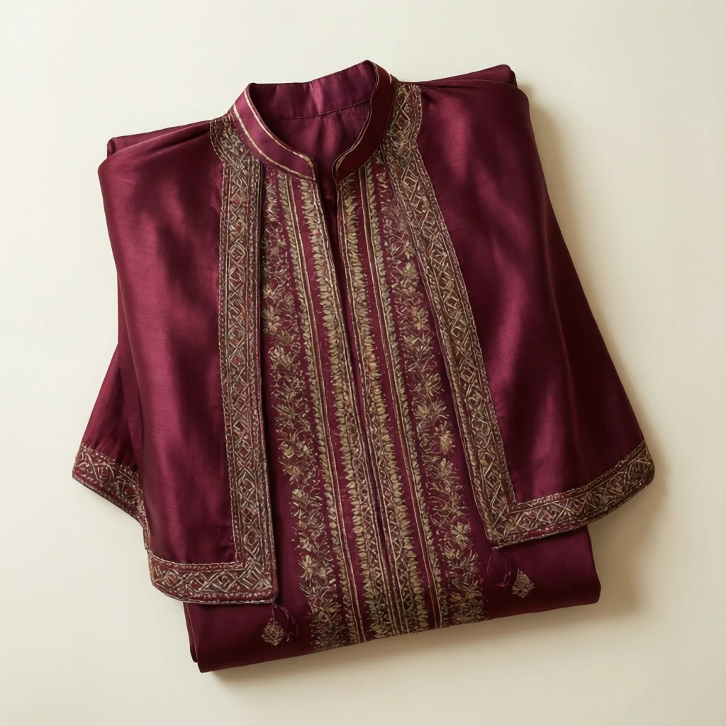 Silk Blend Cape Kurta Wine