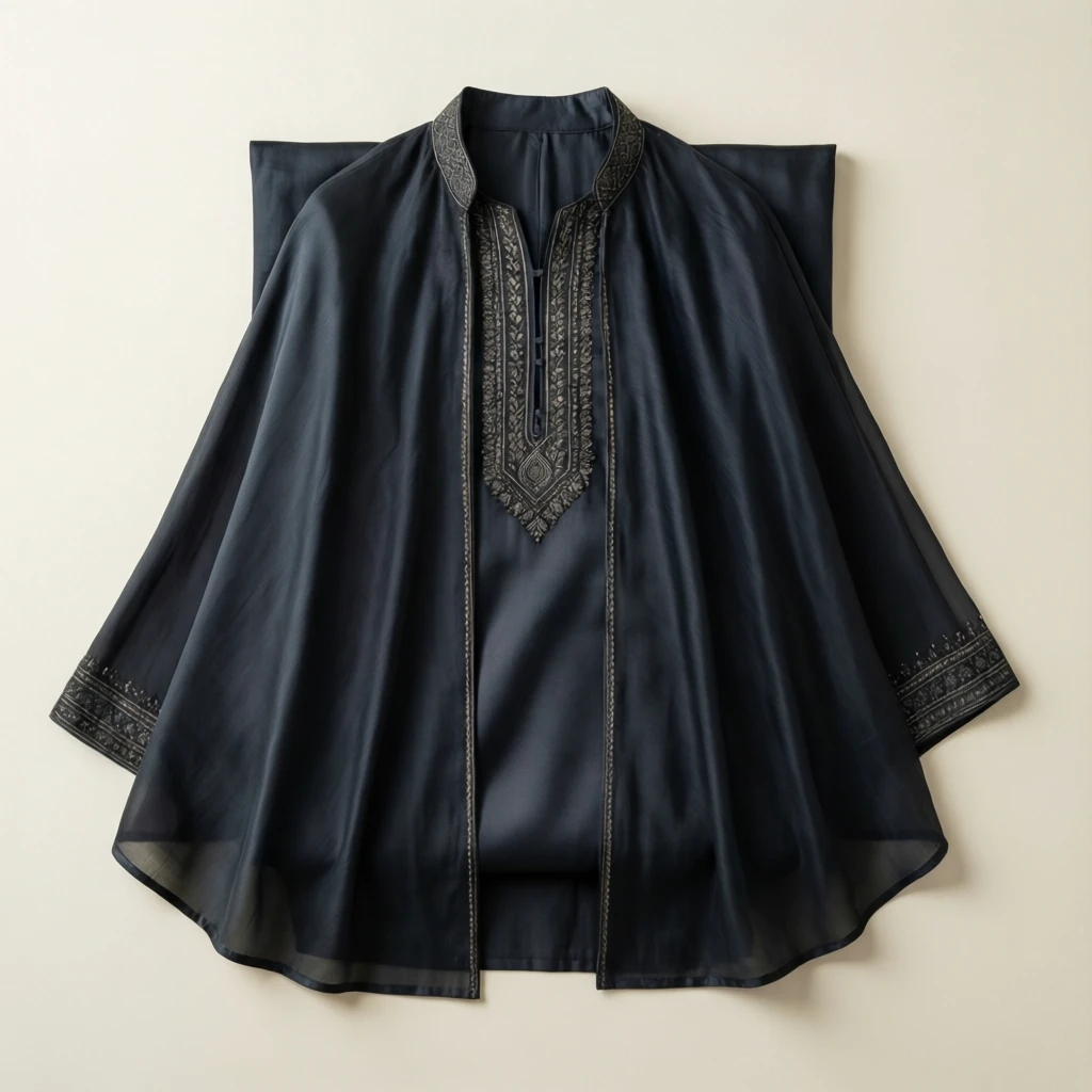 Silk Blend Cape Kurta Charcoal