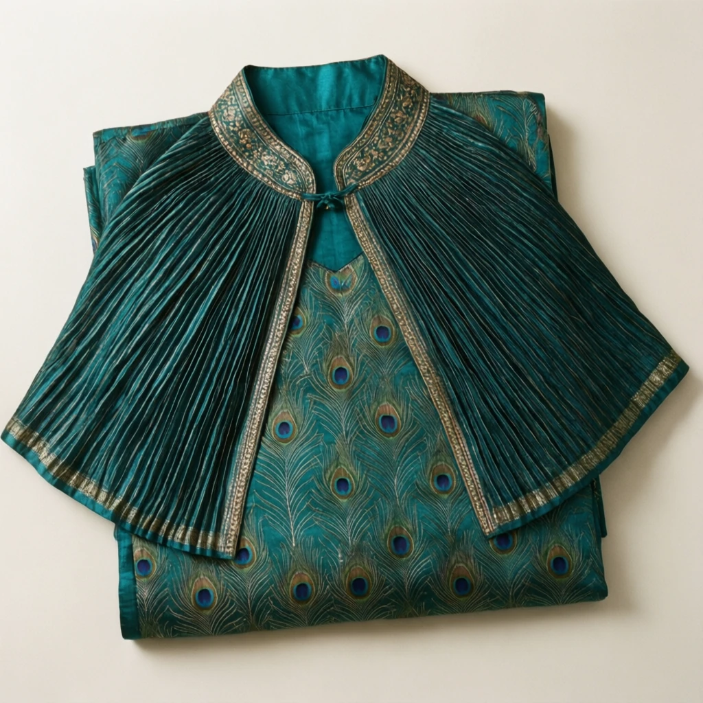 Silk Blend Cape Kurta Peacock