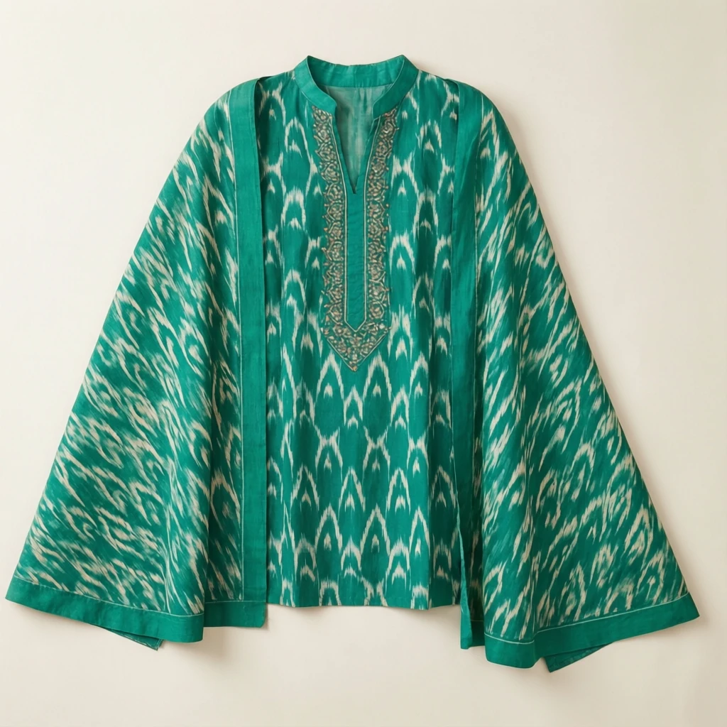 Ikat Cotton Cape Kurta Emerald