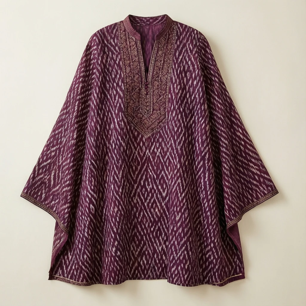 Ikat Cotton Cape Kurta Plum