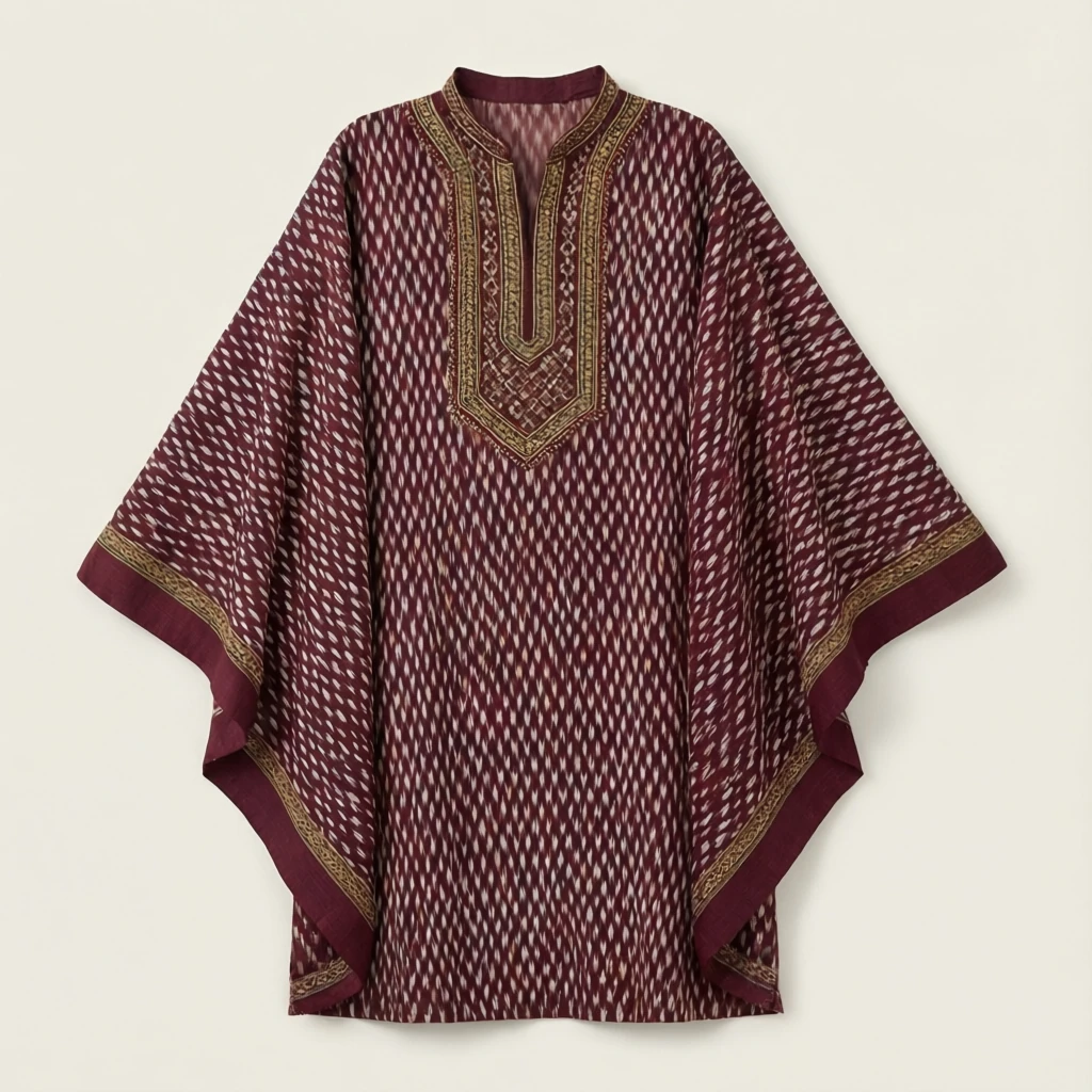 Ikat Cotton Cape Kurta Wine