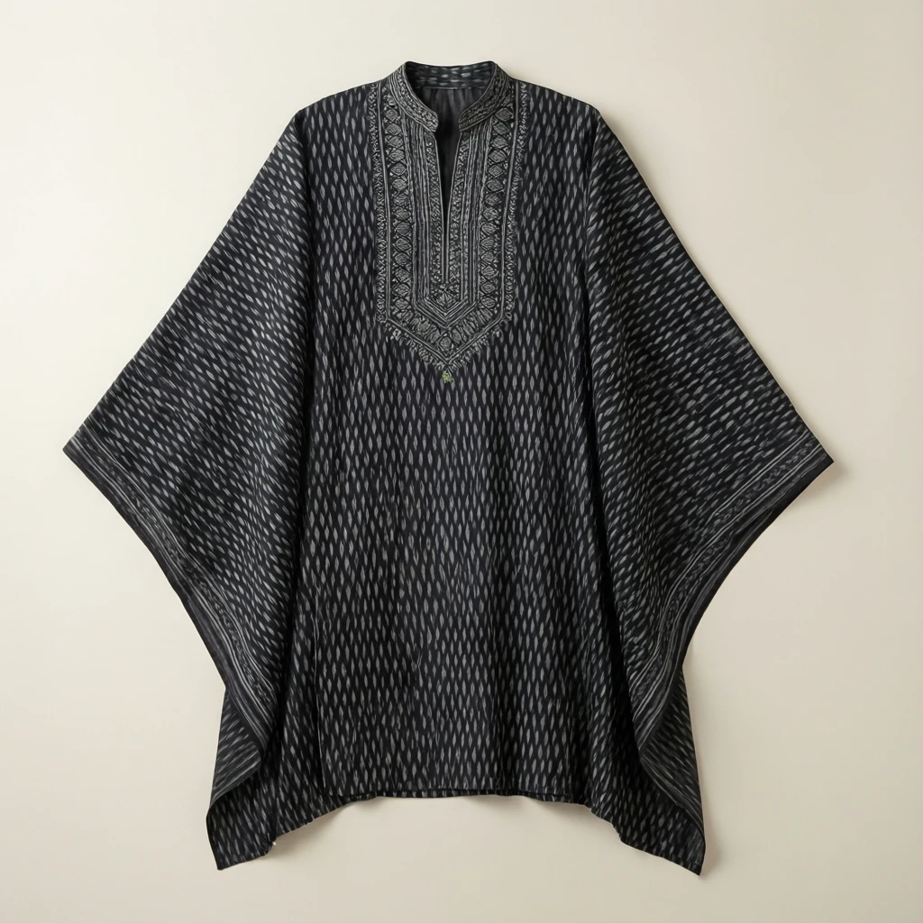 Ikat Cotton Cape Kurta Charcoal