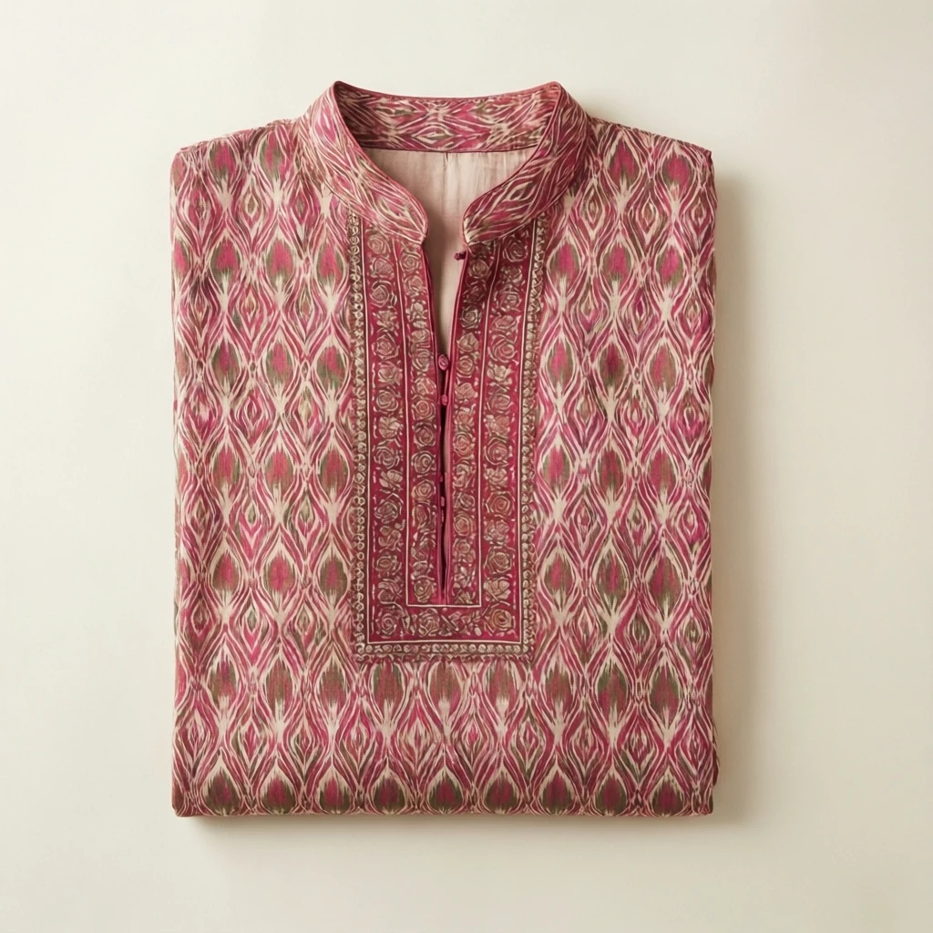 Ikat Cotton Cape Kurta Rose