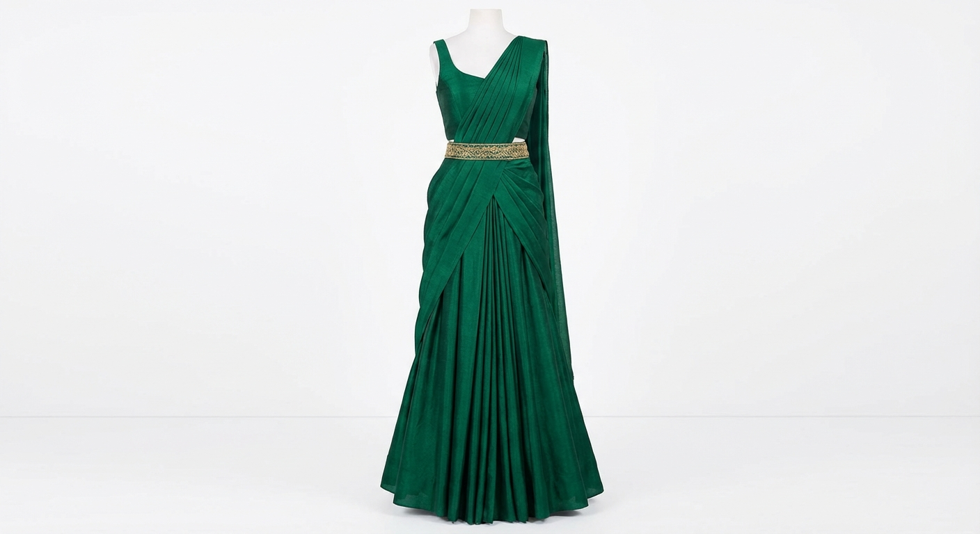 Pre-Draped Saree Gown — Emerald Green